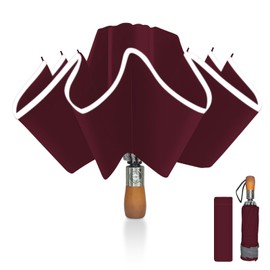 Pioggistar Windproof Umbrella for Men and Women, Inverted Umbrellas 10 Ribs, Wooden Handle Umbrella, Automatic Open and Close, Compact, Diameter 105 cm, red