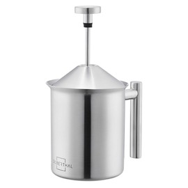 SILBERTHAL Manual Stainless Steel Milk Frother – 400 ml – Perfect Milk Foam Thanks to Double Strainer and Special Push Mechanism