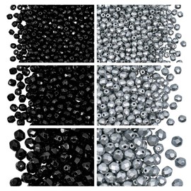 Set of Czech Faceted Glass Beads, Fire-Polished, Round 3mm, 4mm, 6mm. Two Colors: Black and Silver Matte. A Total of 500 Pieces. Kit for Jewelry Making.