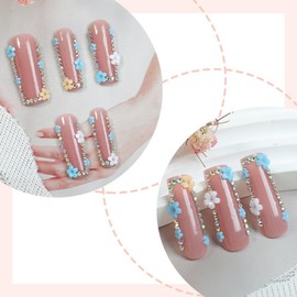 Flower Press on Nails Long Square Fake Nails with Rhinestone Design Nude Pink Glue on Nails Blue Floral Stick on Nails Glossy Summer Nails Yellow White Daisy False Nails for Women Girls Manicure 24Pcs