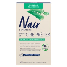 Nair Hair Removal Wax Strips Ready-to-use With Soothing Aloe Vera for dry skin, Made With 97% Natural Ingredients, 40 Count Wax Strips