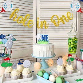 Hole In One Party Banners Golf First Garland Banners Gold Glitter for Boy Girls Theme Party Supplies