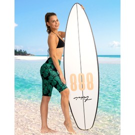 SANTINY Women's 8''/12'' High Waisted Swim Shorts with Pockets UPF50+ Long Board Swimming Shorts for Women with Liner (Leaf_L)