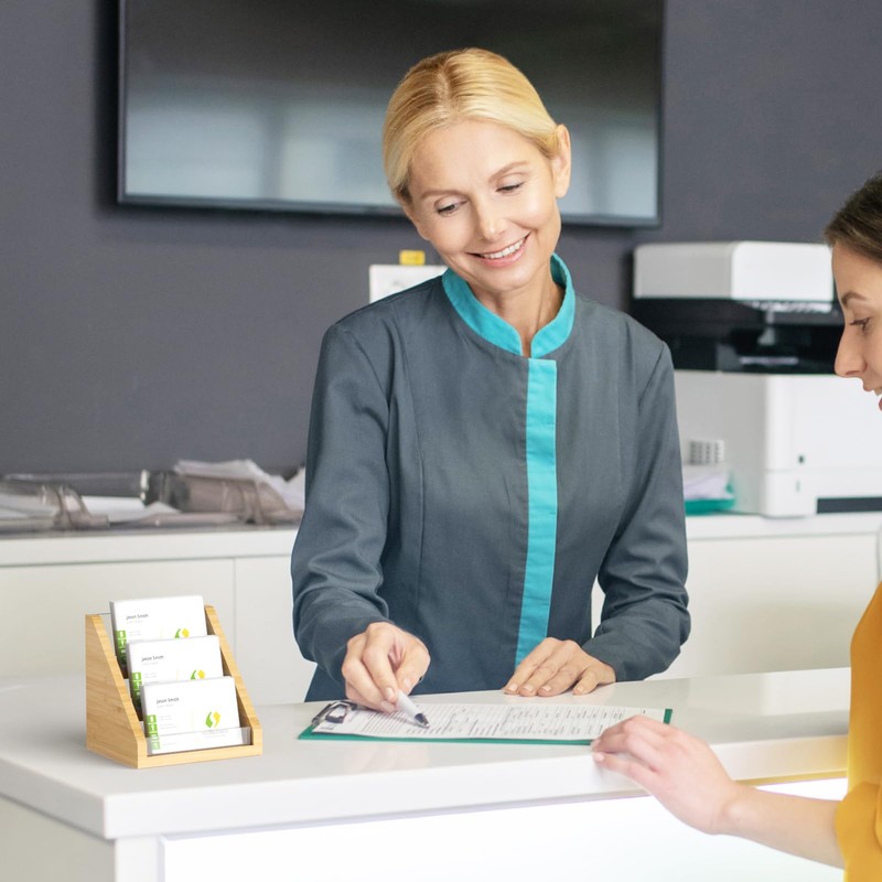 Sleek Bamboo Acrylic Business Card Holder for Reception, Office Desk,