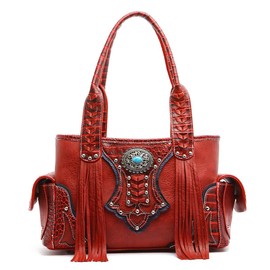 Western Style Cowgirl Fringe Concealed Purse Conchos Totes Country Women Handbag Shoulder Bags Wallet Set (2 Burgundy Set)
