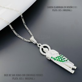 Cadena para Hombre y Mujer de Plata 925 con Dije de San Judas Tadeo Acabado Brillante Incrustacion de Zirconias Diseño 3x1 de 60cm de largo x 2mm ancho, Dije de 3.8cm de alto x 1.1cm ancho