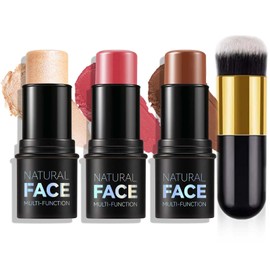 Badhare 3-in-1 Face Blush Stick, Highlighter Brush | 3 Shades Set | Waterproof, Sweatproof, All-Day Wear | Buildable Cream Stick for Face, Eyes, Lips (Sparkling Gold, Tipsy Rose, Amber Brown)