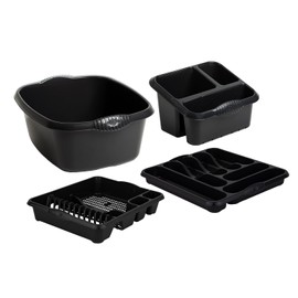 M1SS Midnight Greyish - 4 Piece Casa Plastic Kitchen Set (38cm Rectangular Bowl, Large Cutlery Tray, Large Dish Drainer & Sink Tidy) Perfect for Kitchen Organisation Home and Restaurants