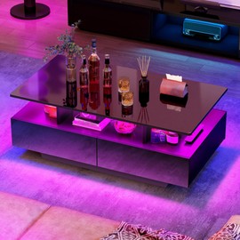 YITAHOME LED Coffee Table with Storage, High Glossy LED Coffee Tables for Living Room, Modern Black Rectangle Coffe Table, Small Center Table with Open Display Shelf & 4 Sliding Drawers, Glossy Black