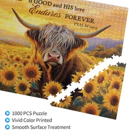 Highland Cow Sunflower Puzzles 1000 Pieces for Adults Cute Animal Flowers Piece Wooden Jigsaw Puzzles for Adults Family Game Motivational Toy Educational Birthday Gifts Challenging
