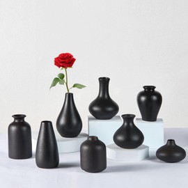 Small Black Vases Set of 8 - Mini Ceramic Bud Vases for Flowers, Pampas Grass, Rustic and Modern Home Decor, Perfect for Living Room, Table Centerpieces, Black Vases Home Decor, Black Bathroom Decor