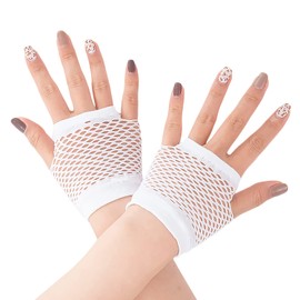 HD Novelty Fingerless Fishnet Gloves Diva Women Black 80s Retro Vintage Nylon Stretchy Mesh Gloves for Kids Girls Dance Disco Costume Parties Supplies Accessories (White)