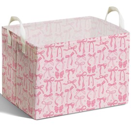 DEANHOT Pink Bow Foldable Storage Bins, Waterproof Toy and Clothes Organizer for Nursery Room, Pink Cute Decorative Fabric Basket for Girls Bedroom, Foldable Gift Box for Game Room, Bow Party Decor