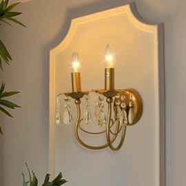Sedelan Crystal Wall Sconce 2-Lights, Antique Wall Sconces Indoor, Brass Wall Lamp, Vintage Sconce Wall Lighting, European Style Candle Wall Lights for Living Room Hallway Bedroom Porch