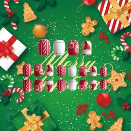 Christmas Santa Claus Press on Nails Matte Red Candy False Nails Xmas Short Square Fake Nails Gel Glue on Nails Christmas Curve Line Stick on Nails for New Years Gifts DIY 24 Pcs Merry Christmas
