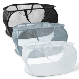 LELE LIFE Reinforced Collapsible Laundry Baskets, 3Pcs High-Strength Mesh Pop Up Laundry Hamper, Foldable Clothes Hamper with Handles and Side Pocket for Laundry Room Dorm, Horizontal