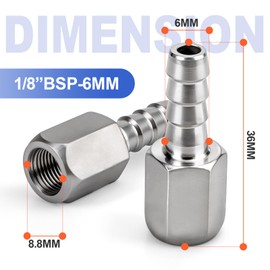 Bwintech Pack of 10 Stainless Steel Hose Fittings, 1/8 Inch BSP Female Thread x 6 mm Hose Connector with 10 Pieces Clamps