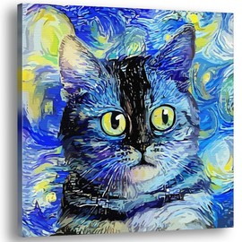 Abstract Cat Canvas Wall Art & Nursery Decor For Cat Kitten Lovers | Extra Large Unique Blue Van Gogh Style & Aesthetic Cat-Themed Picture Wall Art Gift For Bedroom, Living Room, Kitchen, Family Bathroom, Home Office, Nursery, Playroom | Christmas Animal