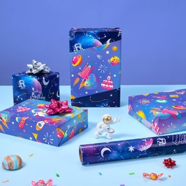 WERNNSAI Cosmic Space Reversible Wrapping Paper Roll - 1 Roll 17” x 33 ft Boys Birthday Wrap Supply Astronaut Decorative Paper Science Rocket Party Decor Favor for Kids Birthday