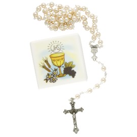 MaMeMi Communion ROSARY 18.5 Inch with IHS CHALICE Design STORAGE BOX – Catholic PRAYER Beads for FIRST COMMUNION, Baptism, or Religious Keepsake