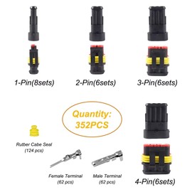 352Pcs Waterproof Connector Car Electrical Connector Terminals Quick Disconnect Wire Connector Plug Kit, 1/2/3/4 Pin Connectors Male and Female for Cars Motorcycles, Boats- 22-16 AWG