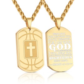 Kalanophel Basketball Cross Dog Tag Necklace for Men, Chain Pendant Gifts Christian Religious First Communion Confirmation Him Stainless Steel Jewelry Isaiah 41:10 Gold