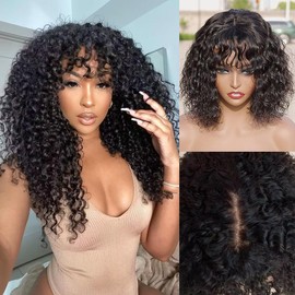 18 Inch Afro Kinky Curly Human Hair Wig with Bang 2x1 Curly Lace Front Wig Human Hair Fringe for Black Women Wear and Go Glueless