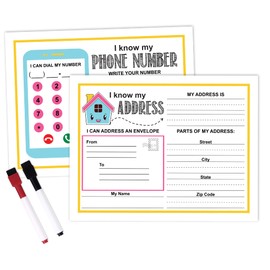 Inkdotpot Dry Erase Practice Worksheet I Know My Address, I Know My Phone Number - Preschool, Kindergarten Laminated Worksheet, Homeschool Activities for Kids with 2 Dry Erase Markers