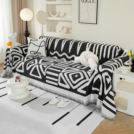 Royhom Boho Couch Cover Sofa Cover for Dogs Washable Sectional Couch Covers Sofa Slipcover with Tassel Loveseat L Shaped Covers Couch Protector for Pets, Black 91 x 150 Inch