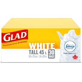 Glad White Garbage Bags - Tall 45 Litres - Febreze Fresh Clean Scent, 30 Trash Bags, Made in Canada of Global Components