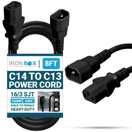 IronBox Electric C14 to C13 Power Cord - 13A, 250V, 16/3 SJT - UL Listed Jumper Cord and IEC Power Cable - Heavy Duty Plug and Connectors for Computer, Desktop, Monitor, Speaker, UPS, PDU & More (8ft)