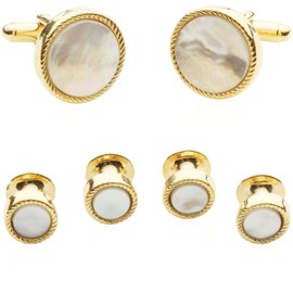 Cuff-Daddy Gold Mother of Pearl Cufflinks and Studs - Tuxedo Gold Cufflinks Round Ribbed Tuxedo Formal Set with MOP in Presentation Gift Box - 5/8" and 3/8"