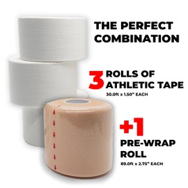 NORTHERN ATHLETICS Sports Tape and Pre Wrap foam tape - 3 pk of white athletic tape and 1 pk of pro wrap for protecting wrists, anlkles and other joints while playing soccer, football, volleyball and gymnastics (1.5" by 30 feet * 2.75" by 90 feet)