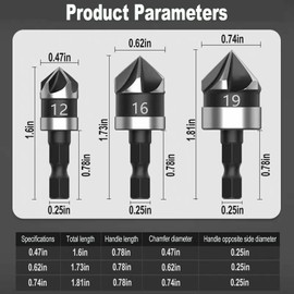 3 PCS 1/4 Inch Hex Shank, Countersink Drill Bit Hex Shank 5 Flute 90 Degree Center Countersink Bits Set 12mm 16mm 19mm for Woodworking, Wood Drill, Soft Metals (Black)
