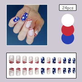 Independence Day Press on Nails Medium Length French Tips Fake Nails with Five-Pointed Star Designs 4th of July False Nails Almond Acrylic Nails Full Cover Artificial Nails Glue on Nails for Girls