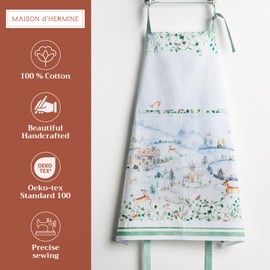Maison d' Hermine Apron for women with Pocket 100% Cotton 85 cm x 70 cm 1 Piece Adjustable Neck Strap & long ties Apron Men, Chef, Wedding, Cooking, Gardening, Server (Snowy World)
