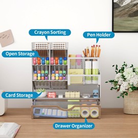 Marbrasse Mesh Desk Organiser, Multifunctional Pen Holder with Drawer, Storage Shelf for School, Home, Office, Supplies (Silver)