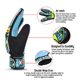 Kickout Premium Goalkeeper Gloves | Funky Goalkeeping Gloves With 3mm Latex For Super Grip & Protection | Adults Kids Boys Glove For Football Goalie (Cyan, Size 8 suitable for size M-L adult)