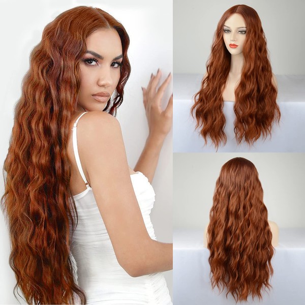 Auburn Wig For Women Long Wavy Copper Red Wig Curly Synthetic Lace Wig Water Wave Ginger Wig Deep Wave Halloween Cosplay Daily Party Hair Replacement Wig (#350(673)