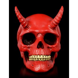 Figuren Shop GmbH Gothic-Teufels-Totenkopf mit Hörner - Roter Dämon | Fantasy-Skull, handbemalt, H 9 cm