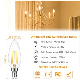 Cotanic E12 LED Bulb Dimmable 3000K Soft White, LED Candelabra Bulbs 60Watt Equivalent, Small Base Type B Light Bulbs, Candle Shape Chandelier Light Bulbs Clear Glass, 600LM, 12 Pack
