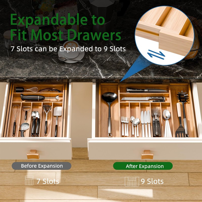 Simple Trending Bamboo Kitchen Drawer Organizer, Expandable Silverware Organizer, Utensil