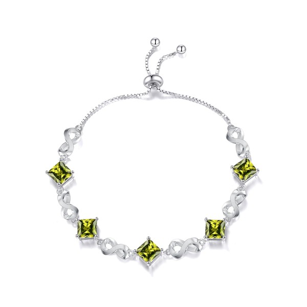 LELOUCHY Infinity Square Cut Peridot Green Birthstone Bracelet 925 Sterling