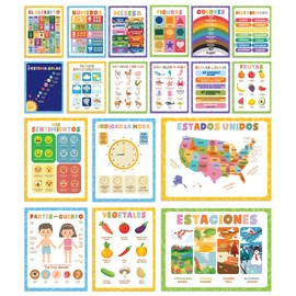 Wallbuddy 18 Educational Spanish Preschool Posters | Numbers Alphabets Colors Shapes Maps and More Spanish Classroom Decor | English Spanish Bilingual Learning Charts for Toddlers