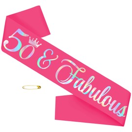 50 and Fabulous 50th Birthday Sash with Iridescent Foil, Hot Pink Funny Birthday Sash for Women 50th Birthday Party Ideas, Gifts, Jokes and Favors(Hot Pink + Iridescent)