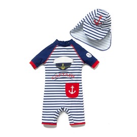 BONVERANO Kids Boy UPF 50+ Sun Protection S/S One Piece Zip Sun Suit with Sun Hat (6-9 Months, Captain)