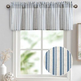 JIUZHEN 52x18 Inch Kitchen Valance - Thick Textured Linen Striped Window Valance Curtain with 3" Rod Pocket, Vertical Striped Blue (1 Panel)