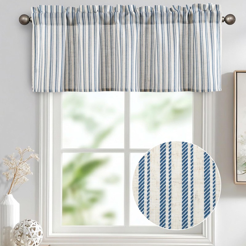 JIUZHEN 52x18 Inch Kitchen Valance - Thick Textured Linen Striped