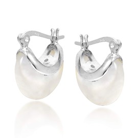 AeraVida White Mother of Pearl Crescent Moon 16 mm Hoop .925 Sterling Silver Huggie Earrings | Classic Sterling Silver Huggie Earrings | Vintage Earrings for Women