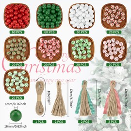 300 Pcs Christmas Wooden Beads Xmas DIY Craft Wood Beads Candy Cane Swirl Beads Red Green White 16mm Round Beads for Christmas Garland Jewelry Making Party Home Tree Decoration with Rope and Tassels